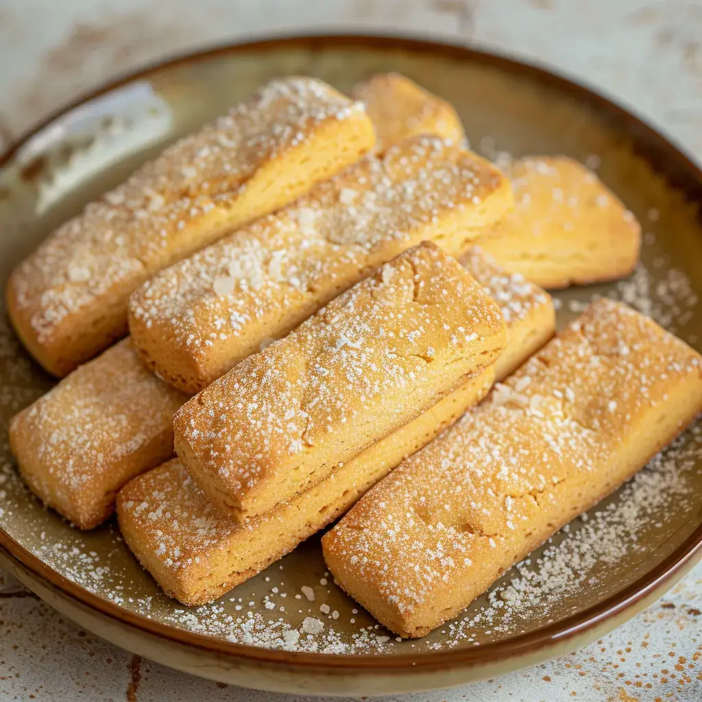 Des biscuits dorés saupoudrés de sucre, servis joliment sur une assiette décorative.