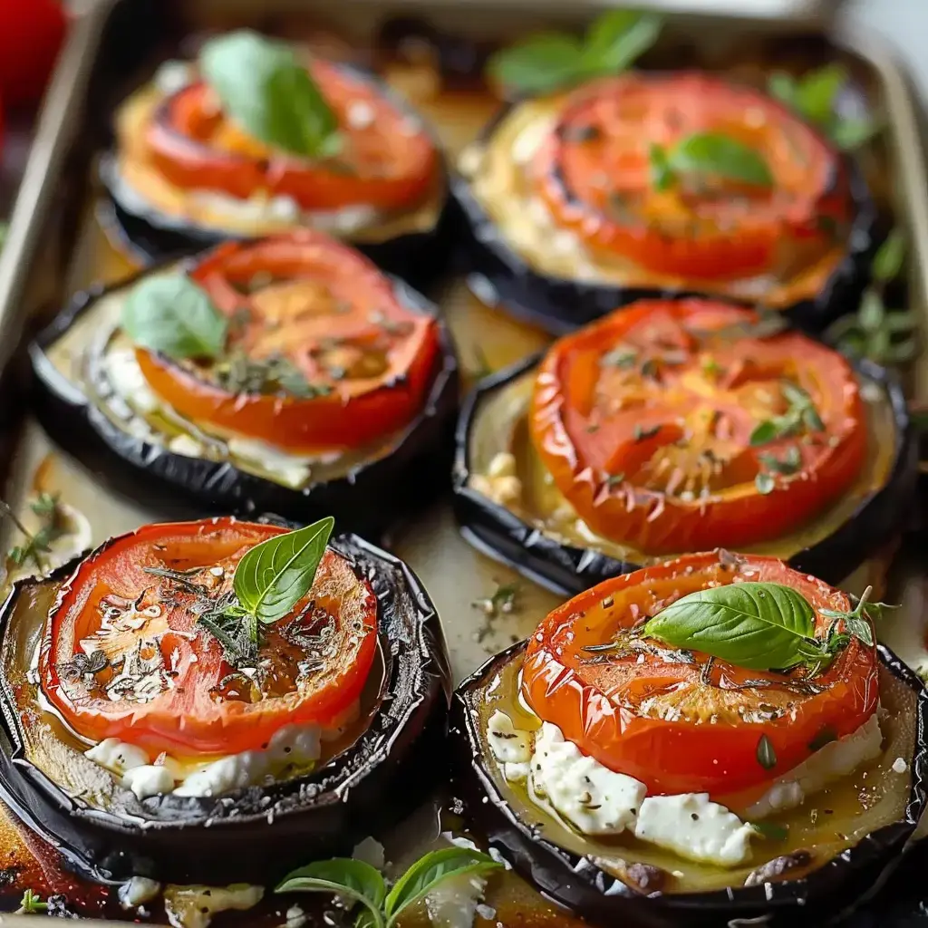 Des rondelles d'aubergine garnies de fromage et de tomates, assaisonnées d'herbes et de basilic frais, cuisent au four.