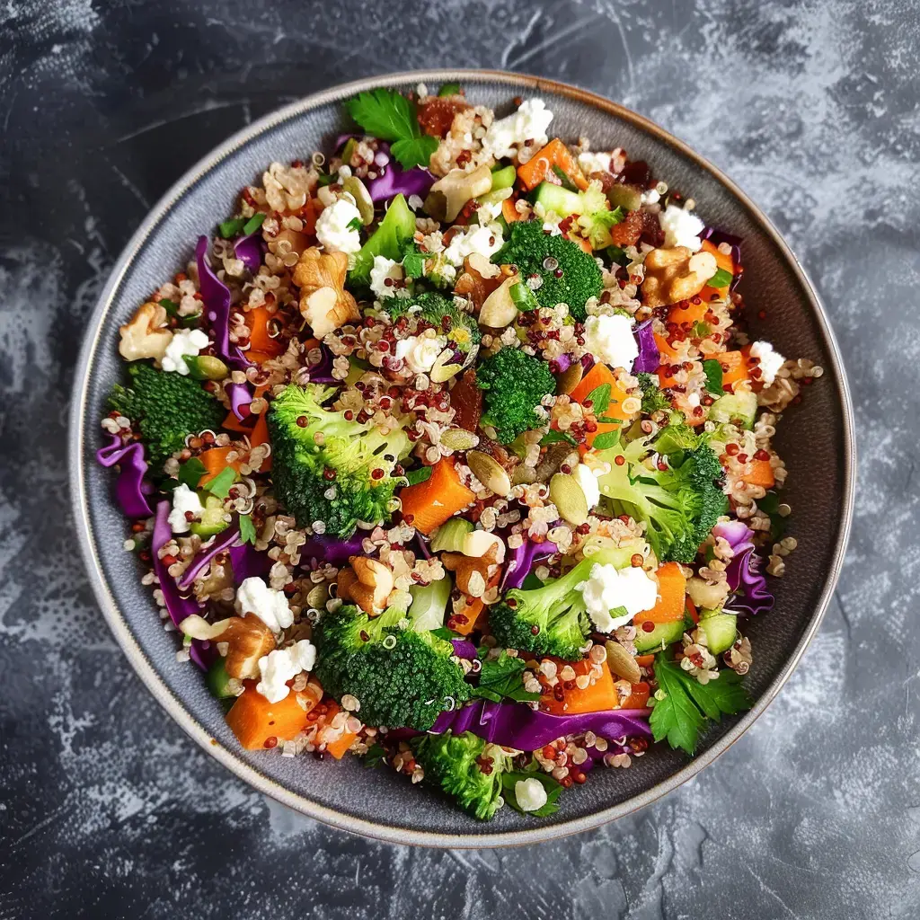 Salade multicolore au quinoa, garnie de brocoli, carottes, chou rouge, noix et fromage.