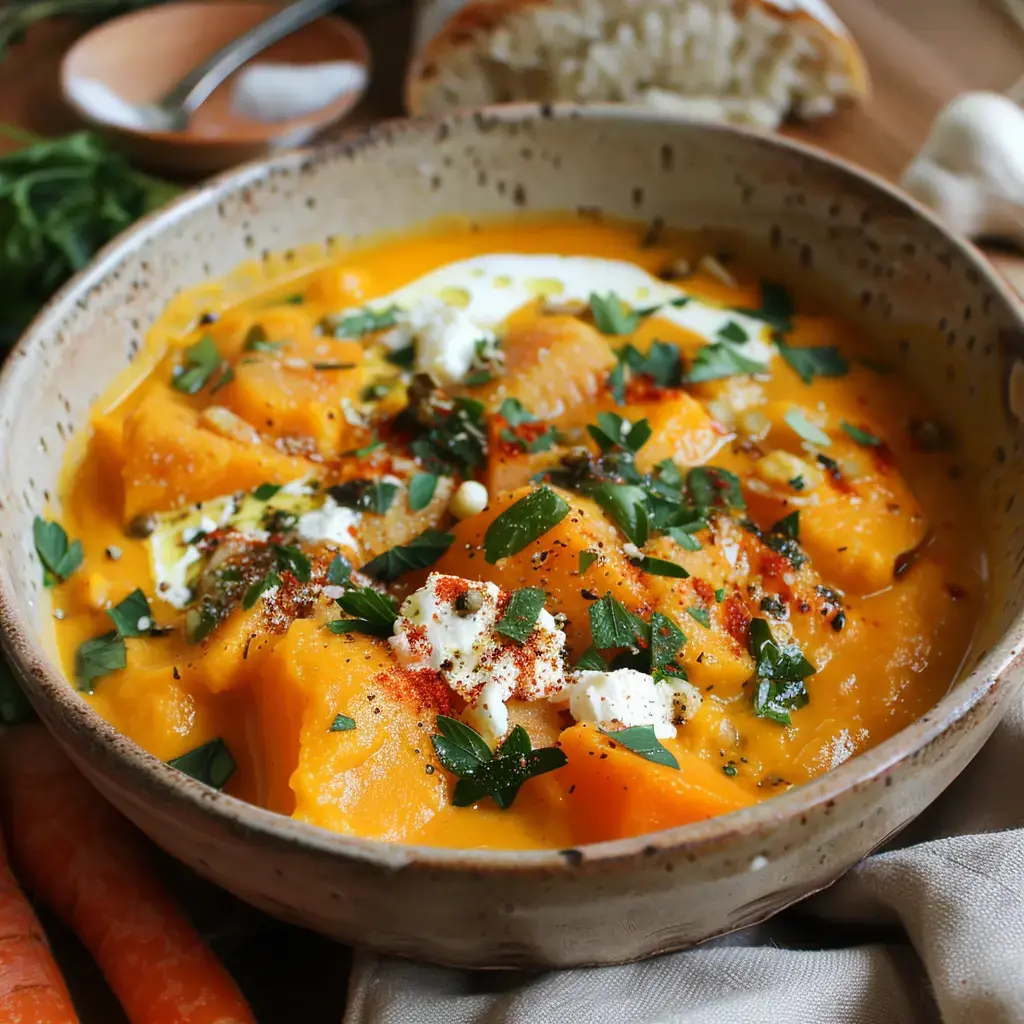 Un bol de potage de courge garni de crème, fromage frais, persil et épices, avec du pain à côté.