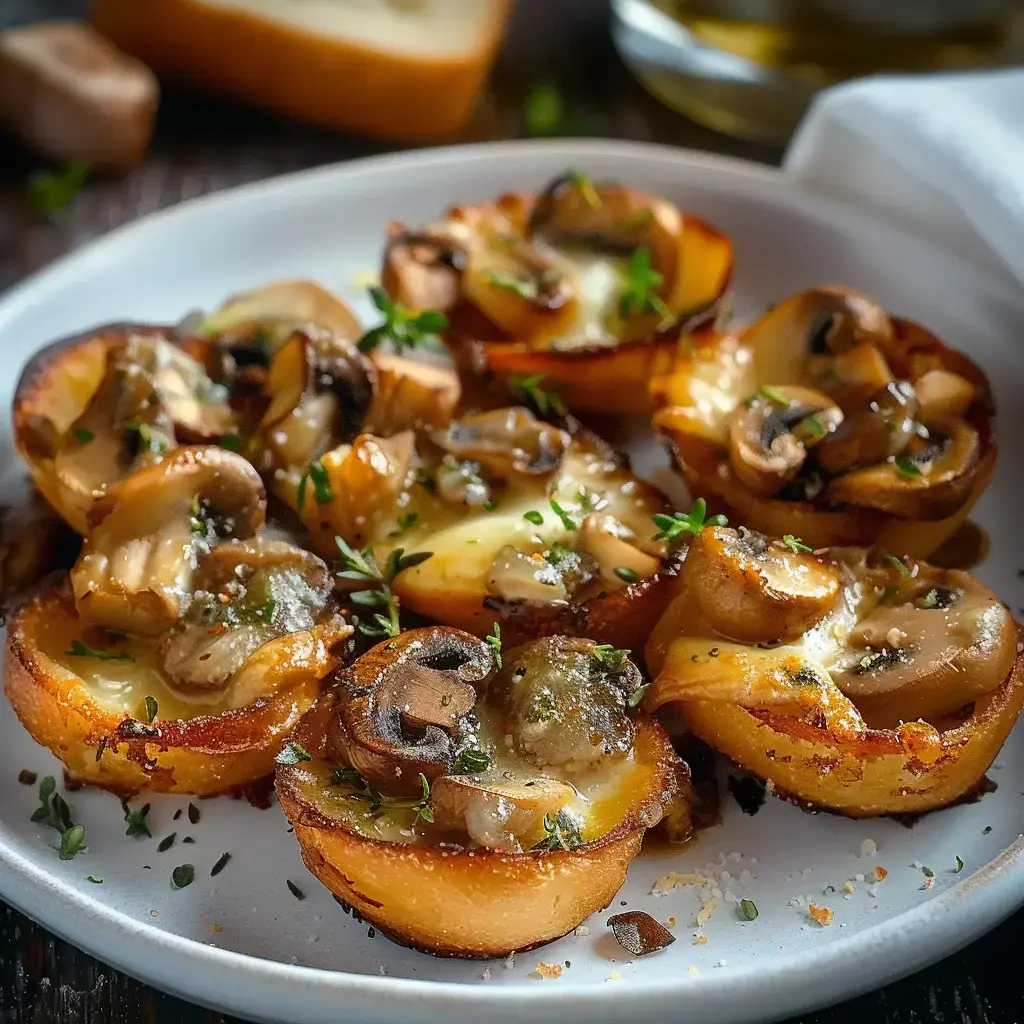 Des tartines garnies avec champignons et fromage fondant, parsemées de thym frais.