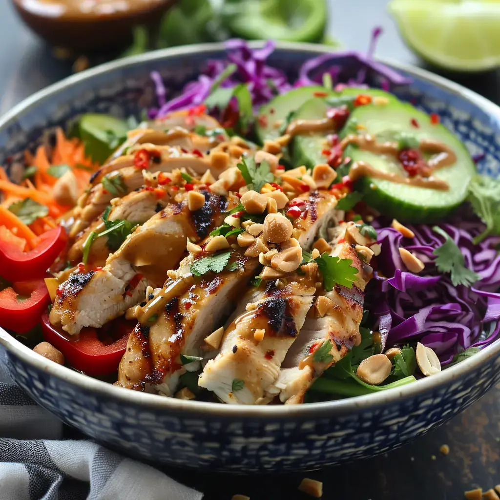 Un bol rempli de salade colorée avec du poulet grillé, divers légumes, sauce aux arachides et arachides grillées par-dessus.