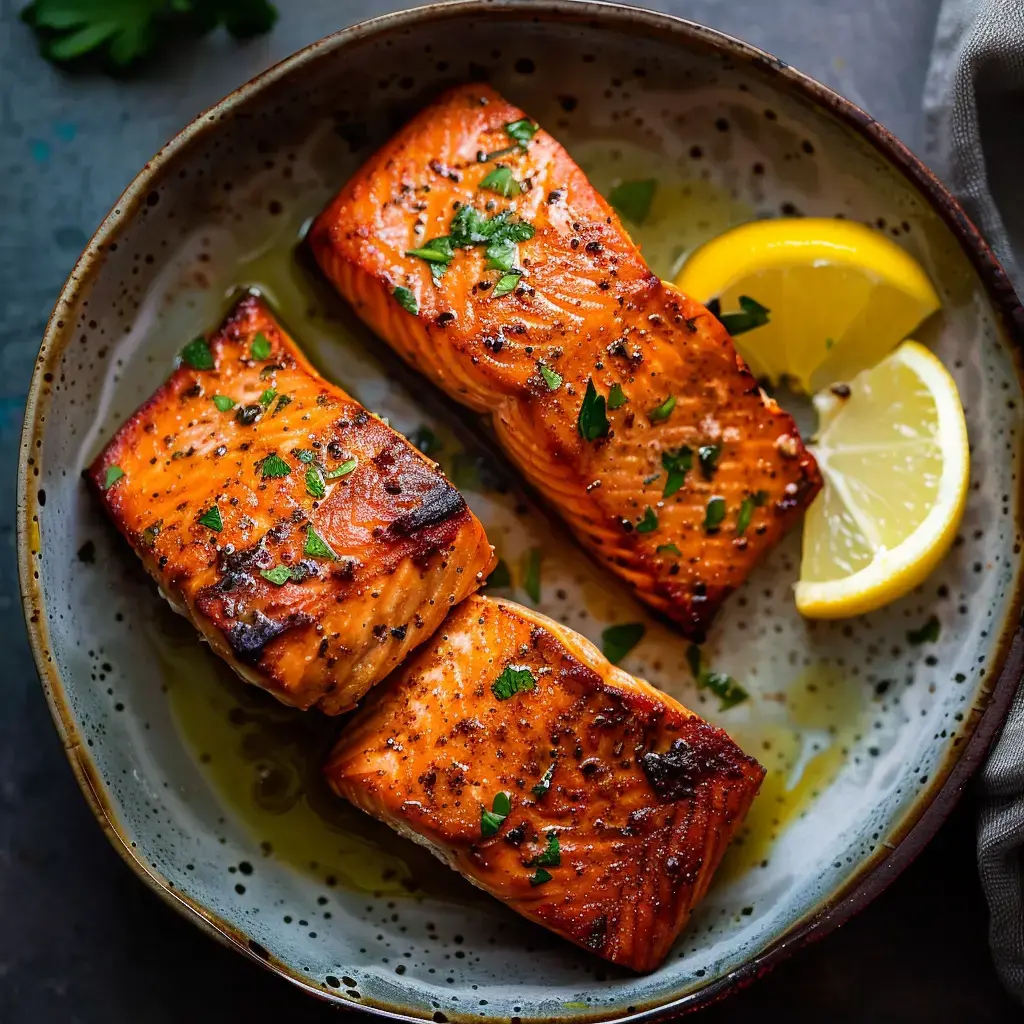 Morceaux de saumon grillés décorés de persil frais avec des quartiers de citron sur le côté, servis dans une assiette.