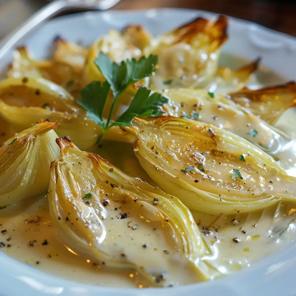 Une assiette de fenouil braisé nappé de sauce crémeuse et parsemé de persil frais.