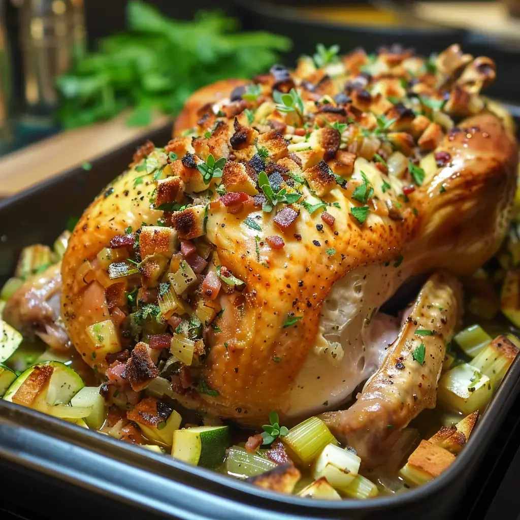 Une volaille dorée garnie de bouts de pain, de bacon et d'herbes, entourée de légumes comme des courgettes et du céleri.