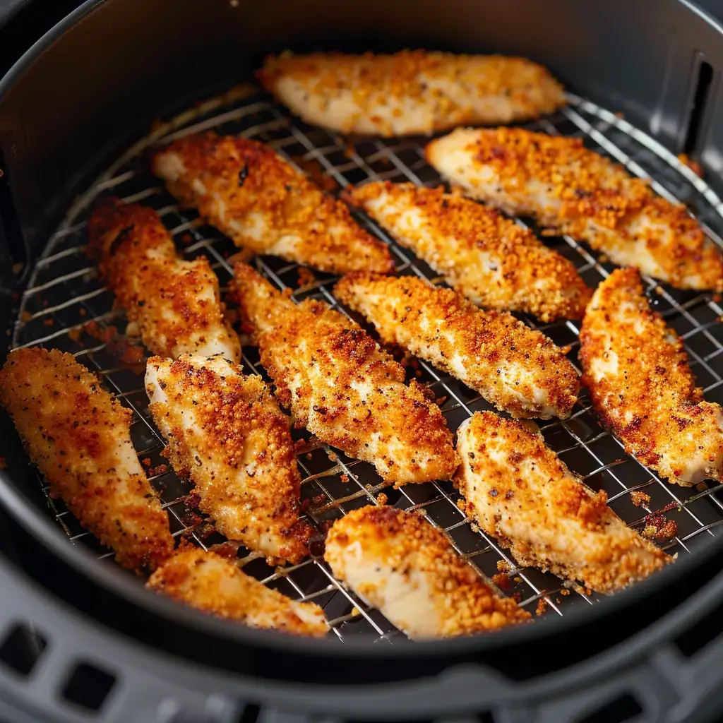 Des morceaux de poulet panés dorés cuisent dans une friteuse sans huile.