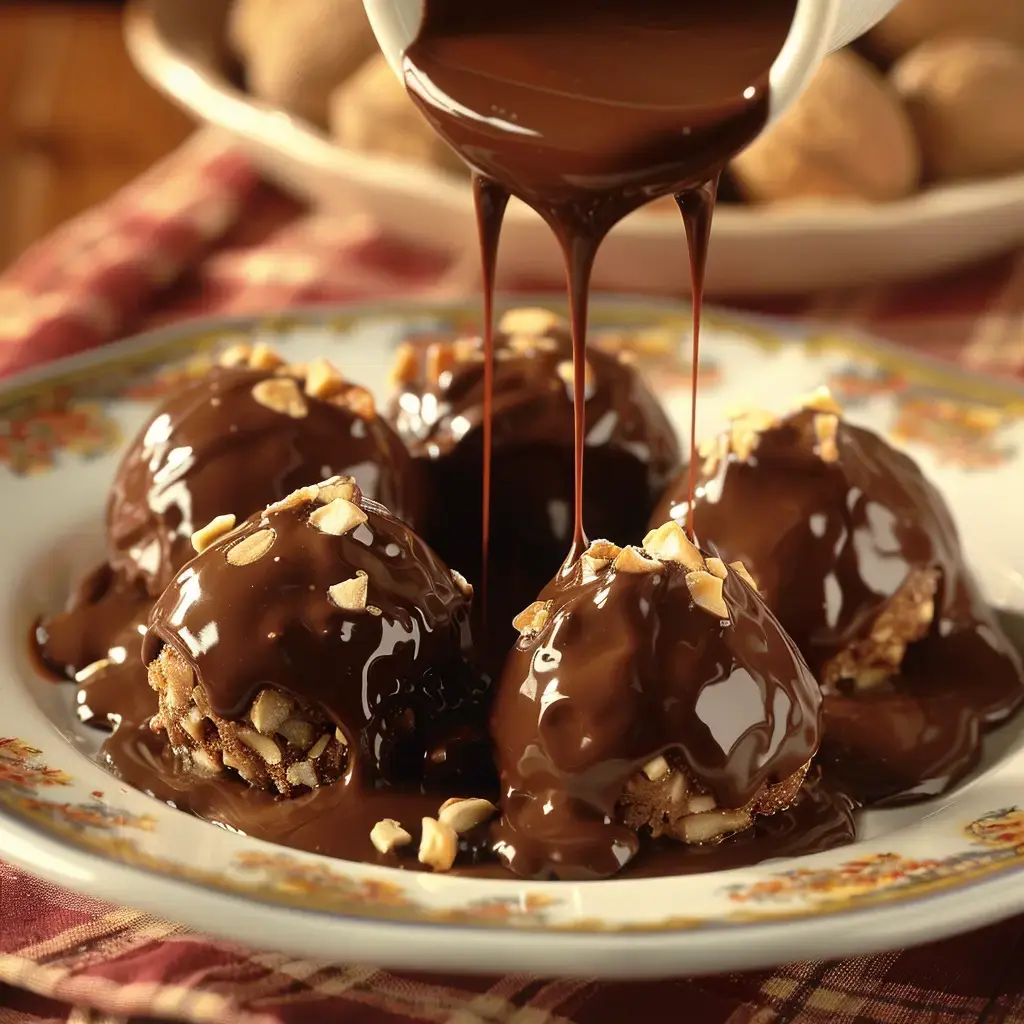 Des boules de dessert enrobées de chocolat et garnies d'amandes, servies sur une assiette décorative.