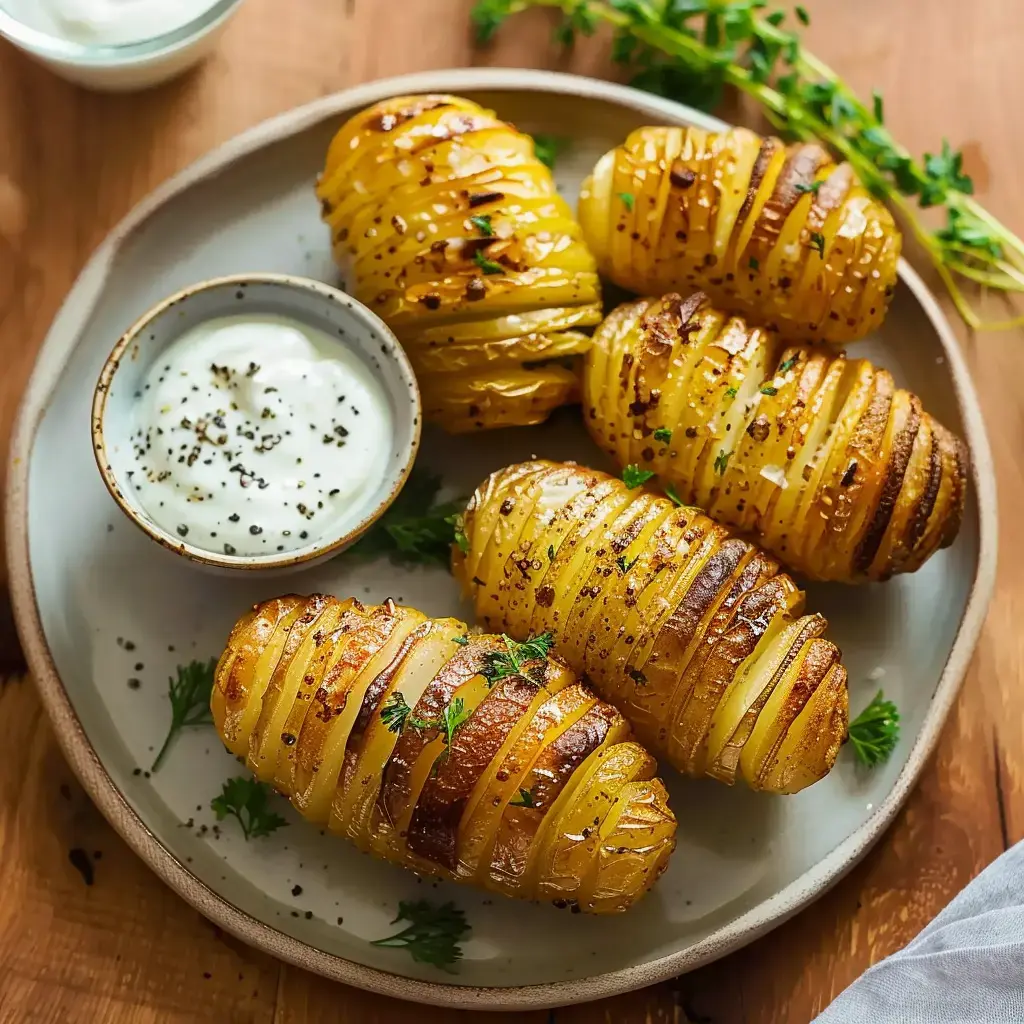 Quatre patates coupées en éventail bien dorées, servies avec une sauce blanche parsemée de poivre, présentées dans une assiette.