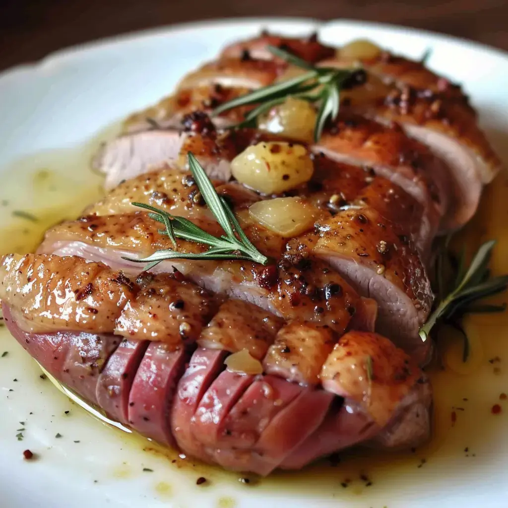 Un morceau de viande rôti garni d'herbes, d'ail et de petits oignons, baignant dans une sauce dorée.