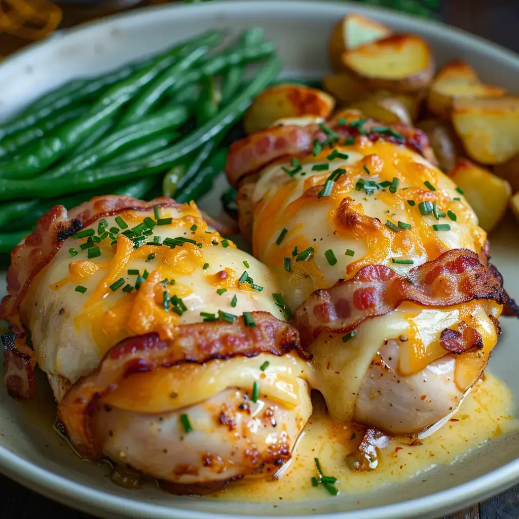 Deux morceaux de poulet enveloppés de bacon, nappés de cheddar fondu, servis avec des haricots verts et pommes de terre dorées.