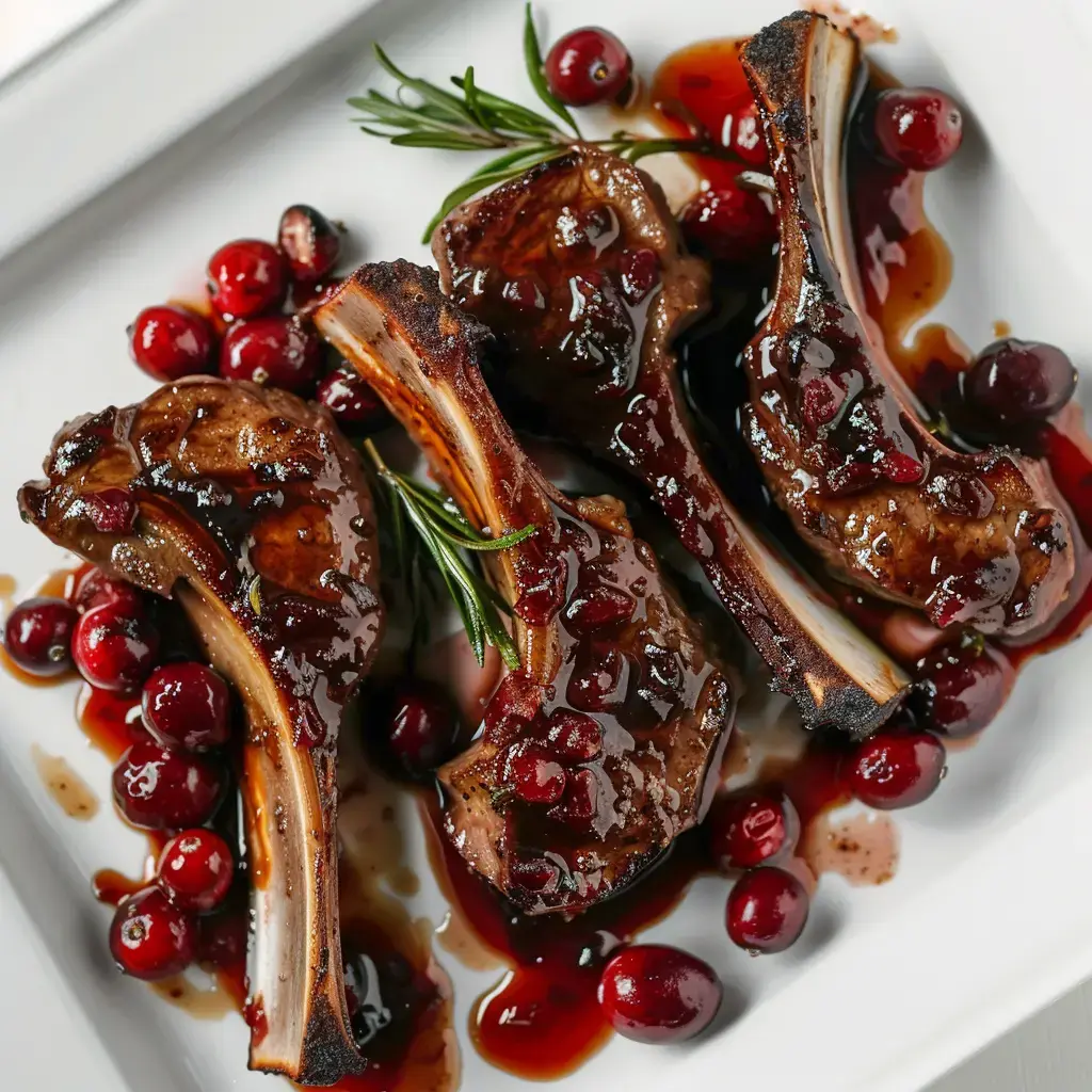 Côtelettes d'agneau couvertes de sauce aux airelles avec quelques branches de romarin pour décorer.