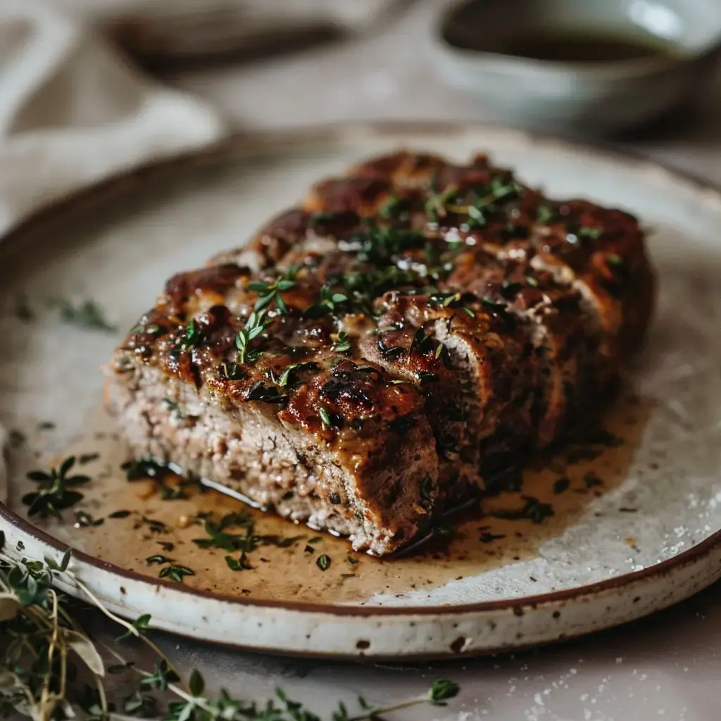 Un pain de viande bien doré avec des brins de thym, servi dans une assiette entourée de jus savoureux.