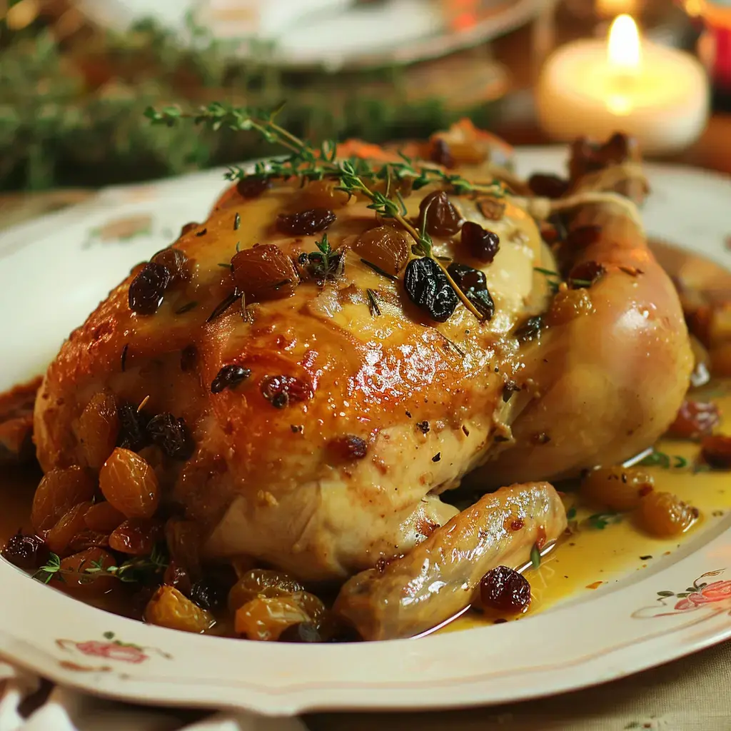 Un poulet doré aux raisins secs et thym, servi dans une assiette avec sa sauce onctueuse.