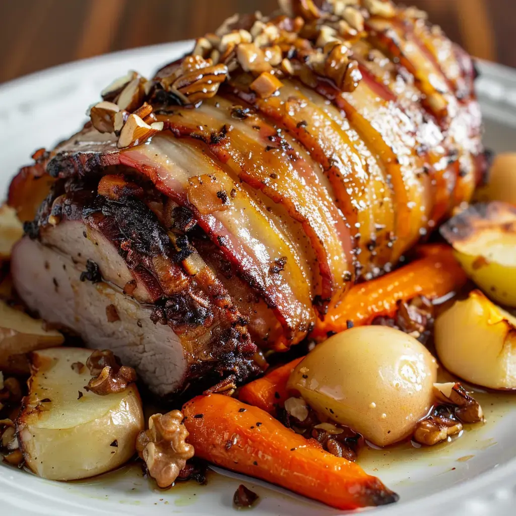 Un rôti de porc lardé avec des légumes d'automne et des noisettes, servi sur un plat en terre cuite traditionnel