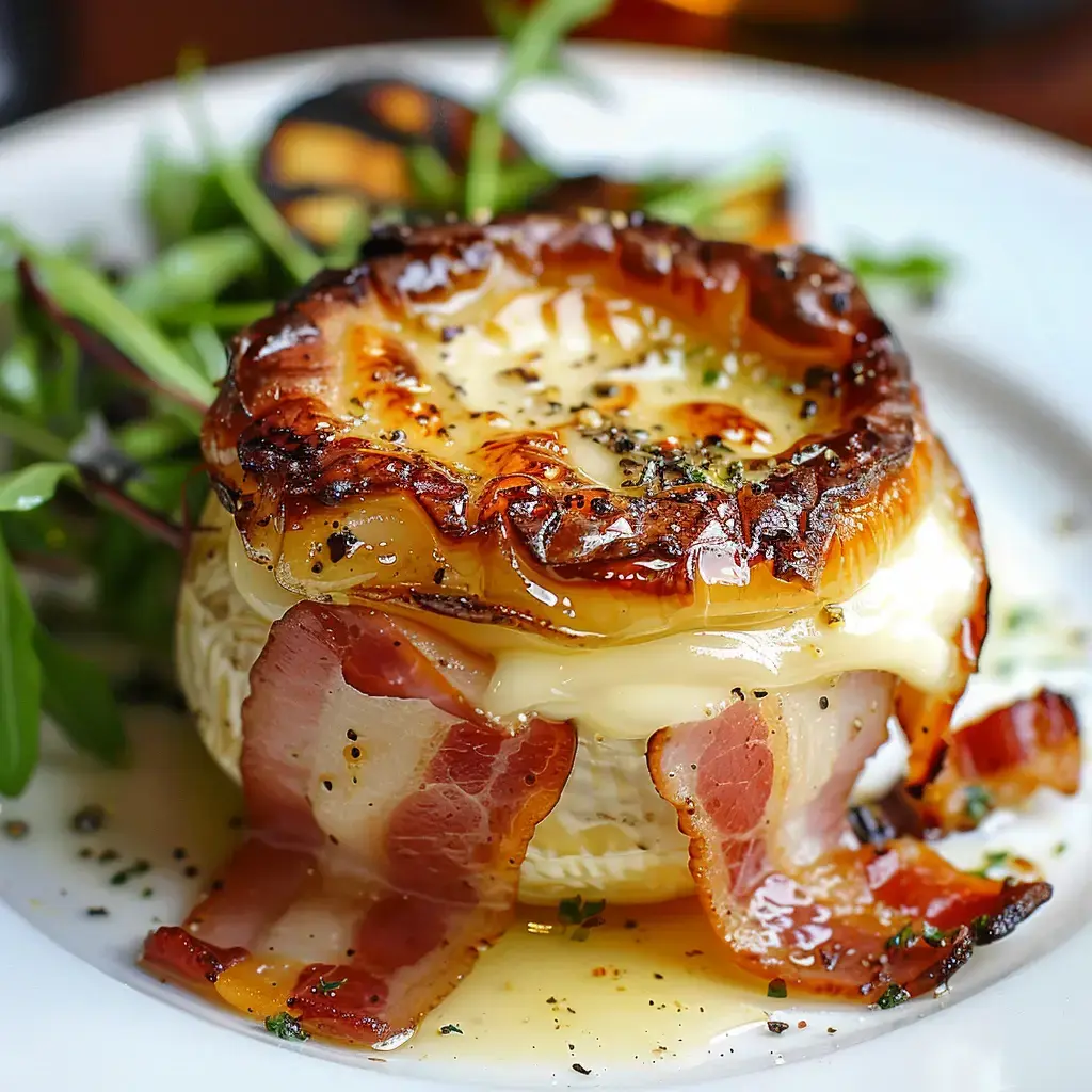 Un camembert fondant enrobé de lardons dorés et d'oignons confits, accompagné de mesclun