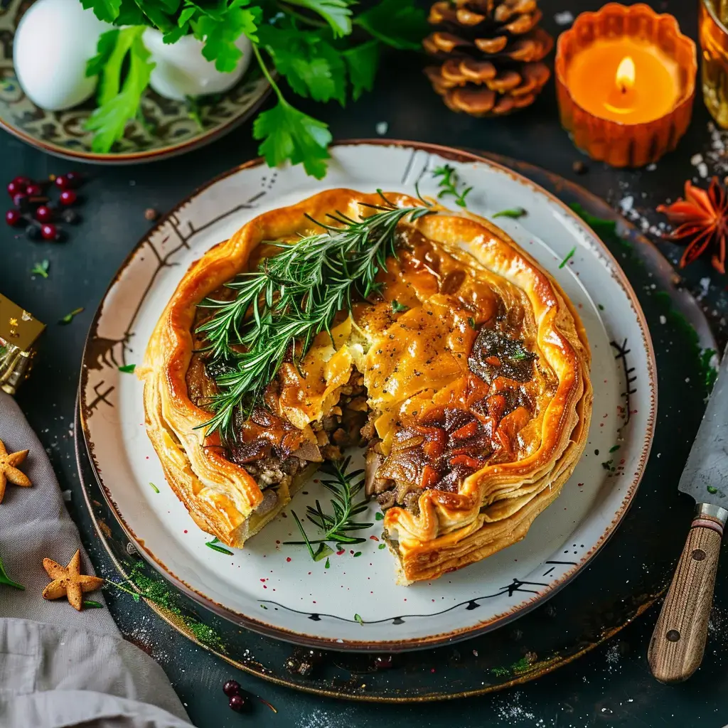 Une tourte à la croûte feuilletée dorée, garnie de préparation aux légumes et décorée avec du romarin, servie sur une assiette entourée d'ingrédients et d'une bougie.
