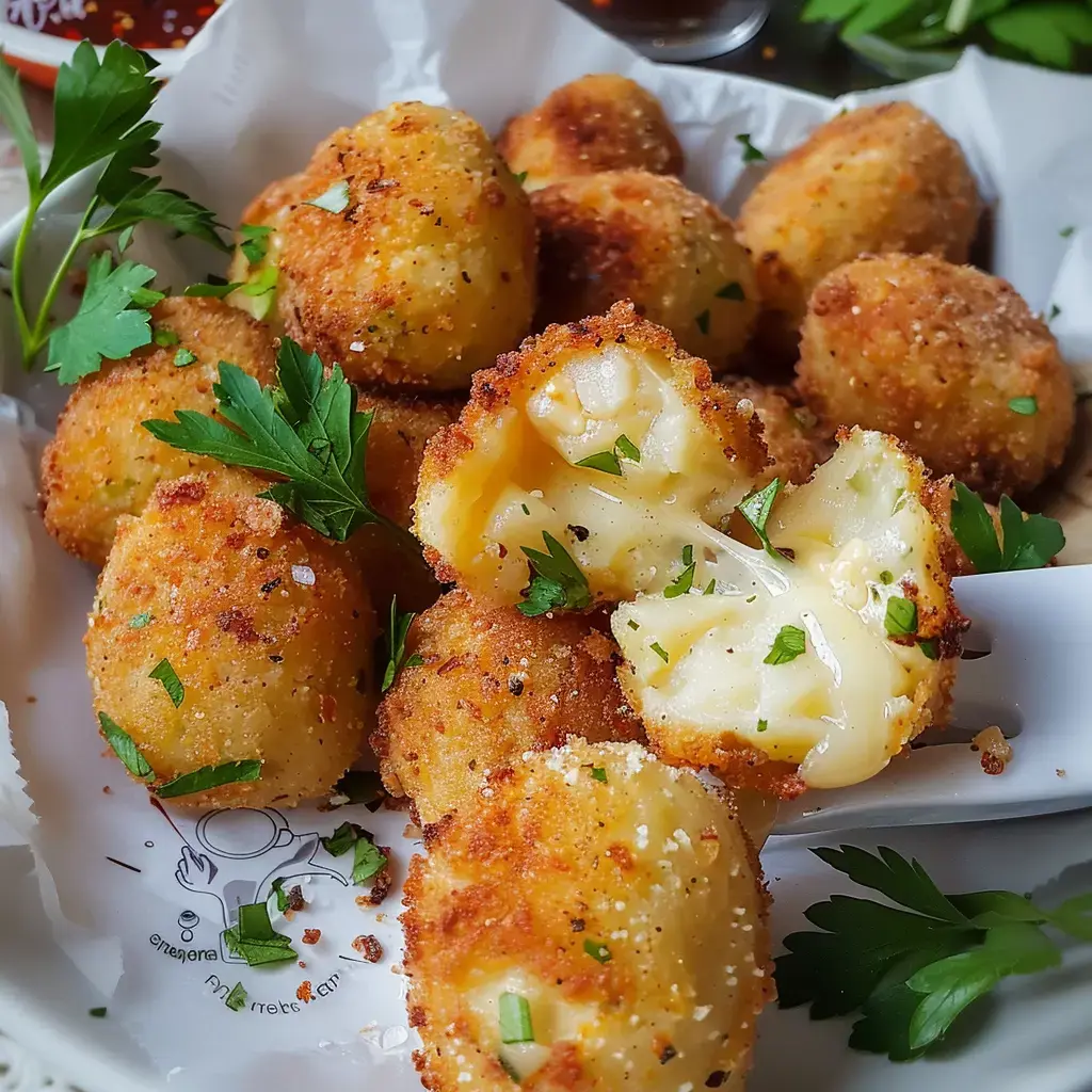 Des boulettes dorées farcies au fromage, disposées dans une assiette avec un brin de persil.