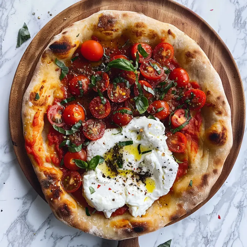Pizza avec tomates cerises, basilic et burrata, présentée sur une planche en bois.