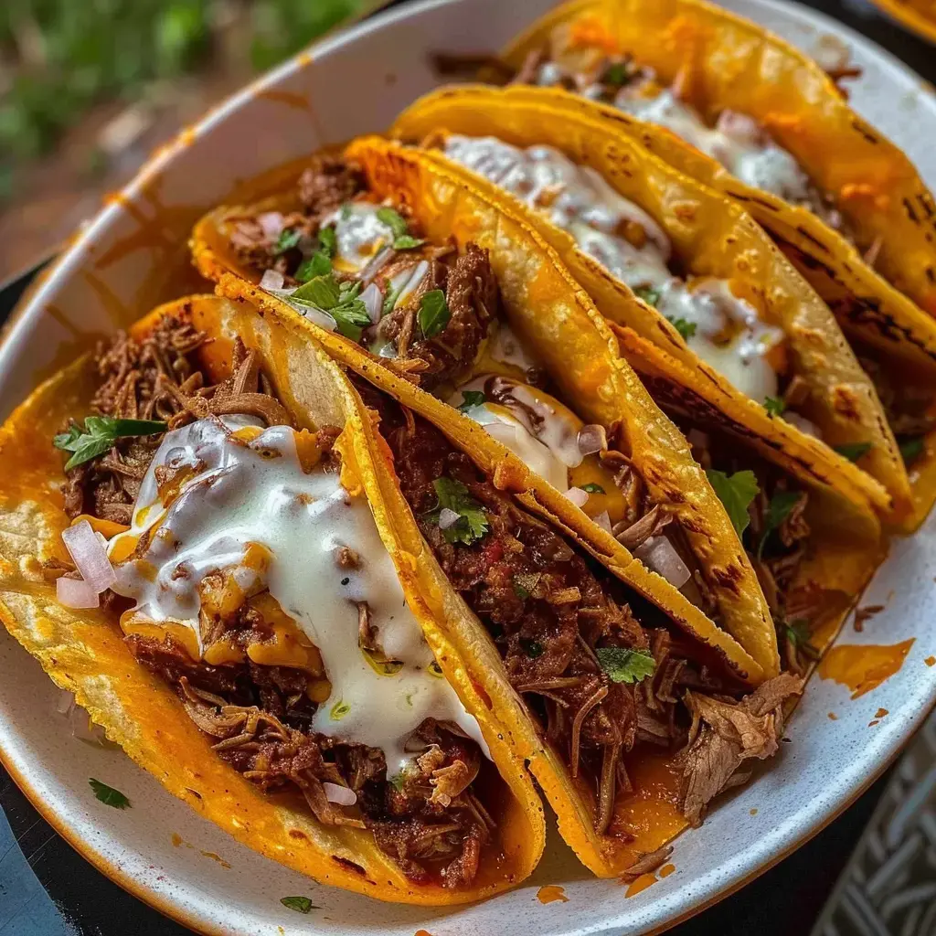 Une assiette de tacos garnis de bœuf, fromage fondu, crème fraîche et herbes fraîches, prêts à déguster.