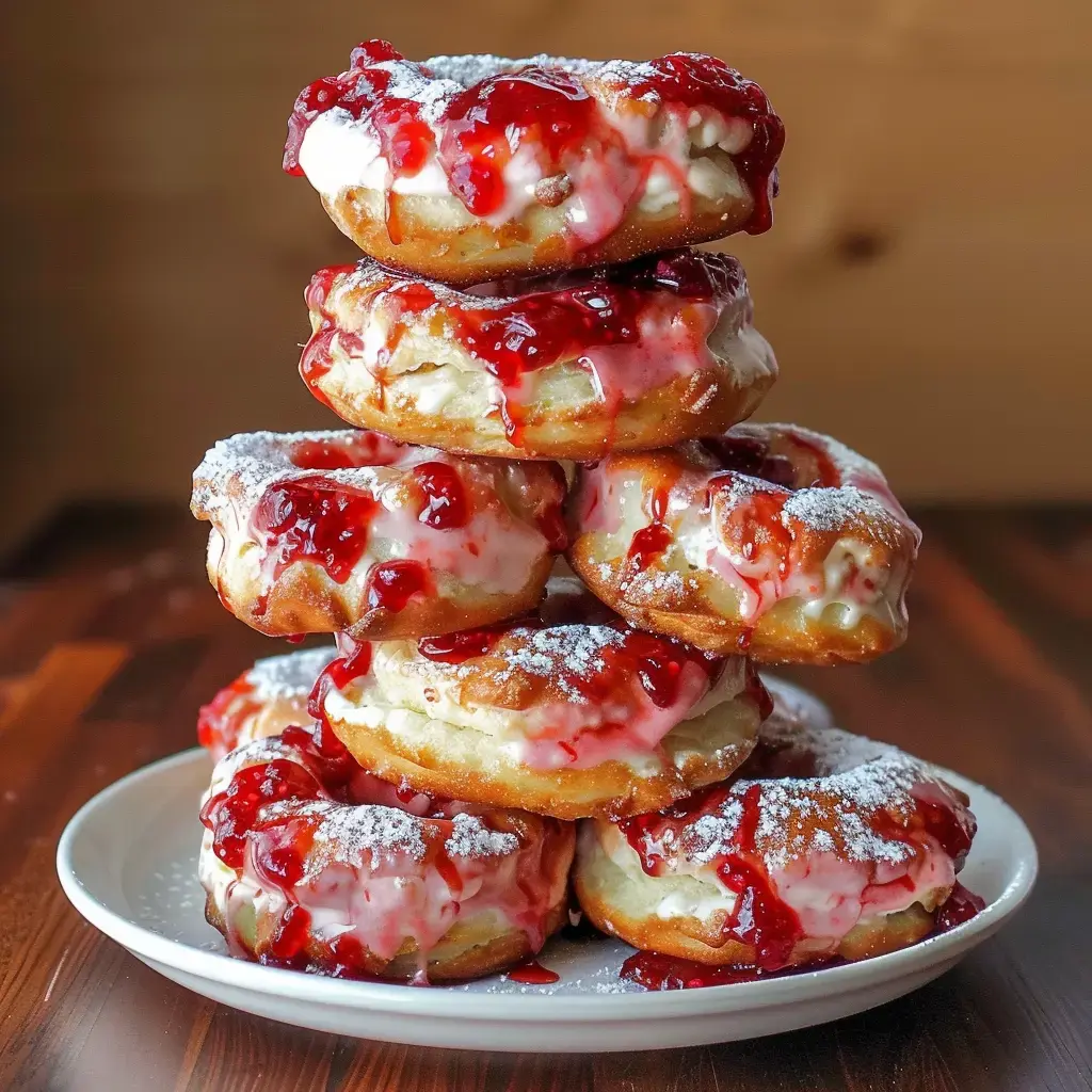 Un tas de beignets avec glaçage rose et confiture, recouverts de sucre en poudre, présentés sur une assiette.