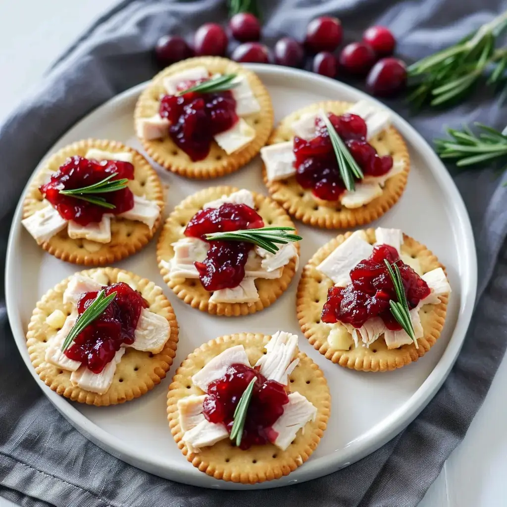 Des biscuits garnis de dinde effilochée, de confiture d'airelles et de tiges de romarin, présentés sur une assiette.