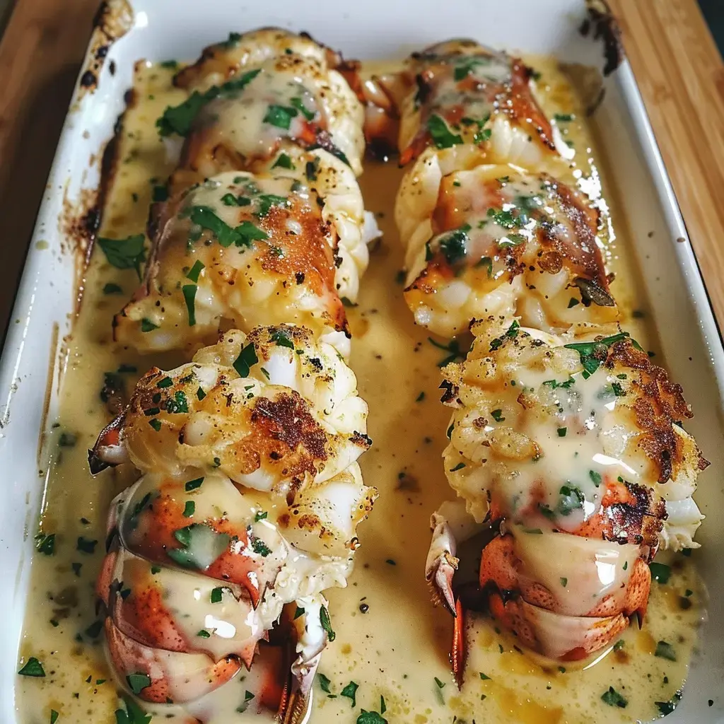 Assiette de queues de homard au four avec sauce onctueuse et fines herbes.