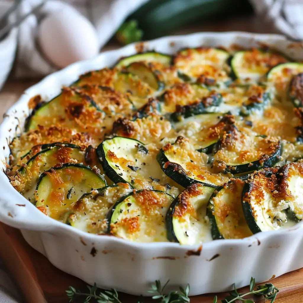 Un gratin de courgettes doré servi dans un plat blanc, avec un œuf et une courgette fraîche visibles en arrière-plan.