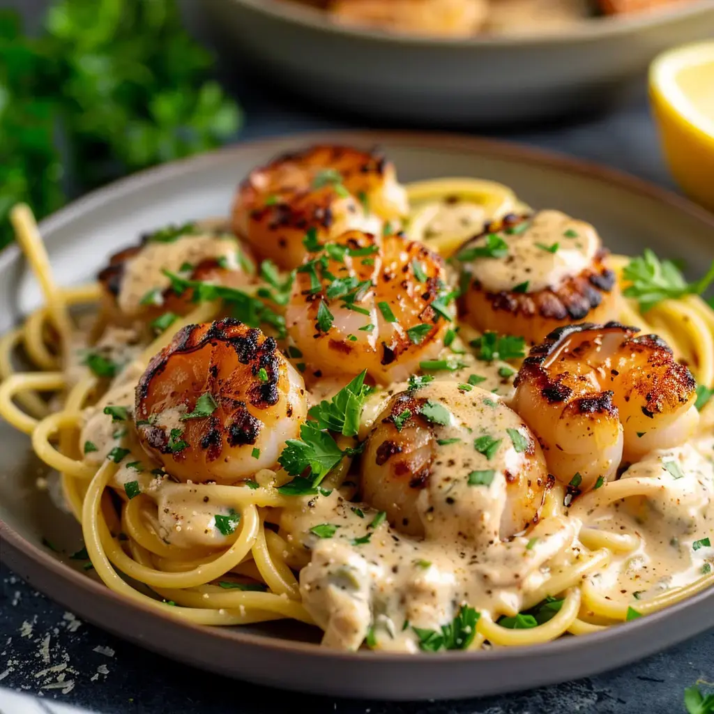 Une assiette de pâtes avec des coquilles Saint-Jacques dorées, baignant dans une sauce crémeuse et décorées de persil frais.