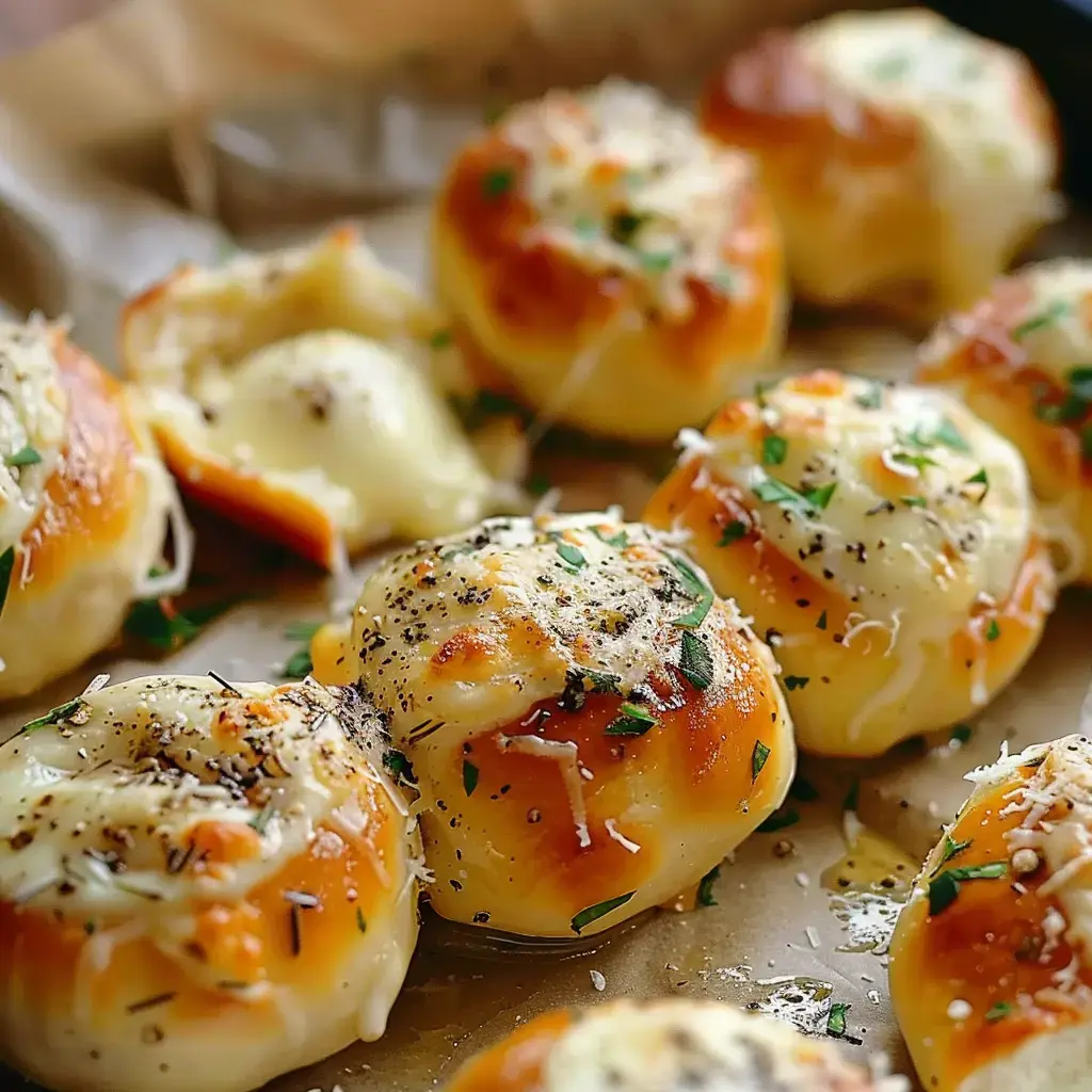 Des petites boules dorées au fromage, parsemées d'herbes et de poivre, tout juste sorties du four.