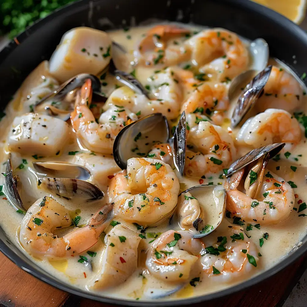 Une assiette garnie de gambas, coquilles Saint-Jacques et coques, nappées d'une sauce crémeuse et parsemée de persil.