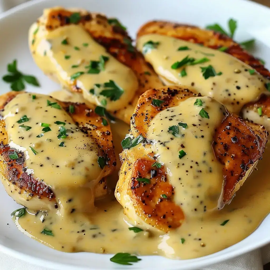 Des morceaux de poulet dorés couverts de sauce crémeuse, avec du persil frais et du poivre noir, présentés dans une assiette élégante.