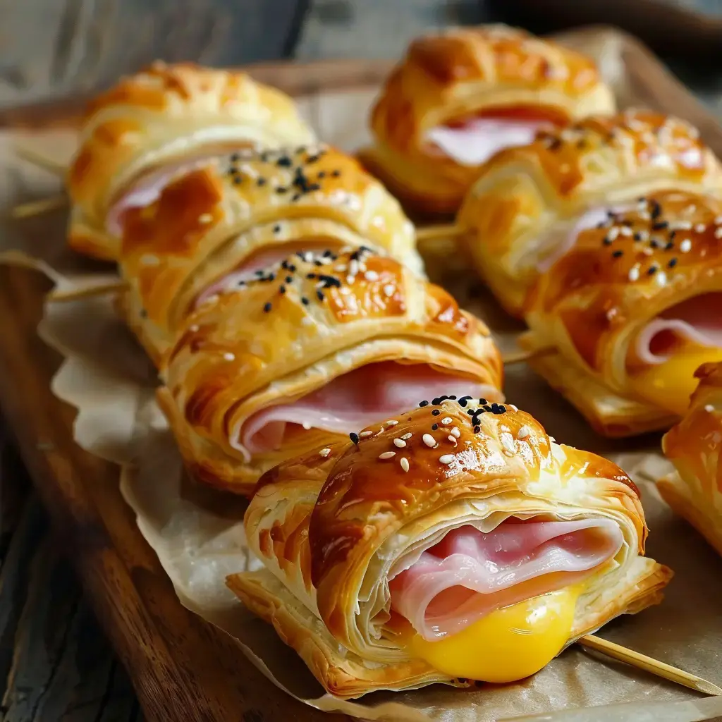 Des spirales feuilletées au jambon avec jaune d'œuf, parsemées de graines noires, présentées sur un plateau en bois.
