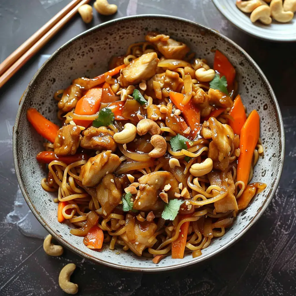 Poulet aux noix de cajou à la française servi avec du riz