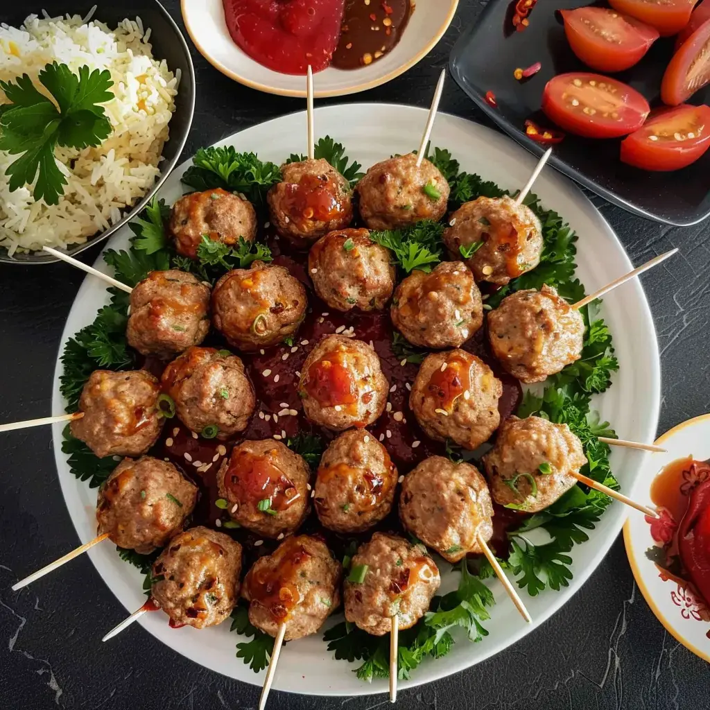 Un plat de boulettes nappées de sauce, avec du persil, du riz et des tomates en accompagnement.