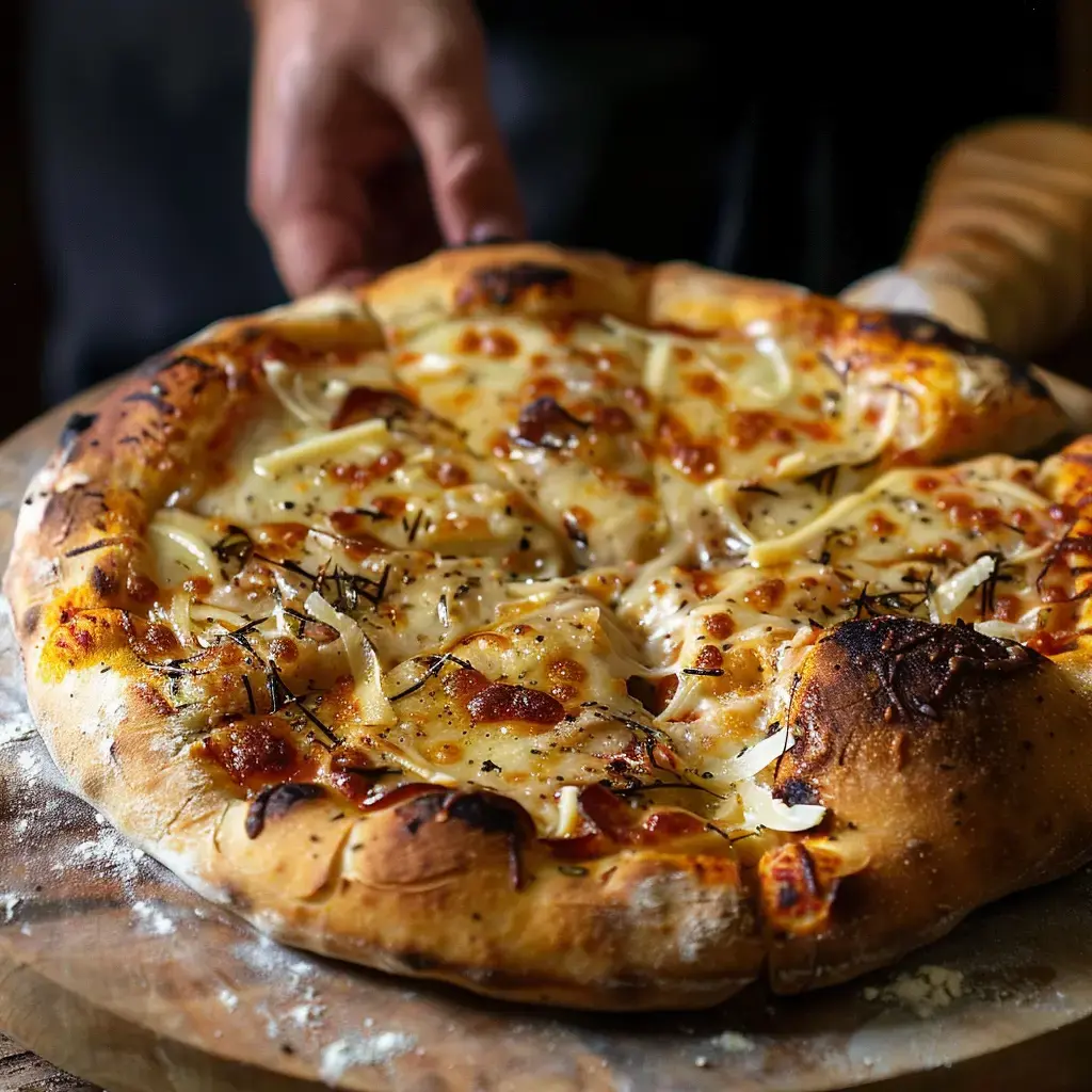Une pizza tout juste sortie du four avec du fromage qui file et des morceaux de viande, posée sur une planche en bois.