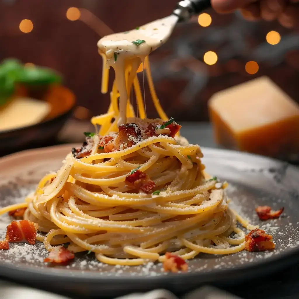 Pâtes enrobées de sauce crémeuse avec des bouts de lardons croustillants, présentées dans une assiette avec une fourchette sur le côté.