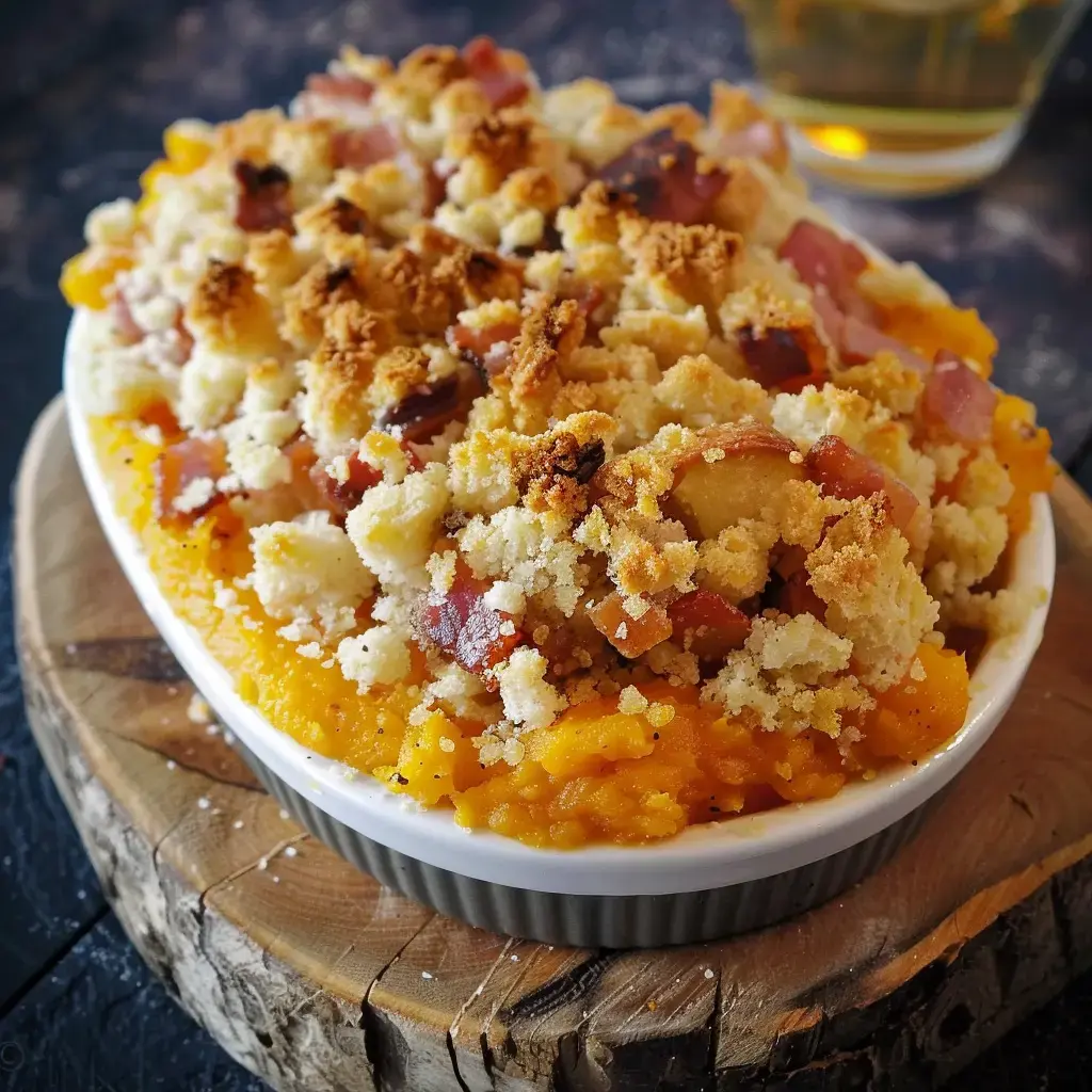 Un crumble de butternut aux lardons servi dans un plat en céramique blanche, avec sa croûte dorée et croustillante