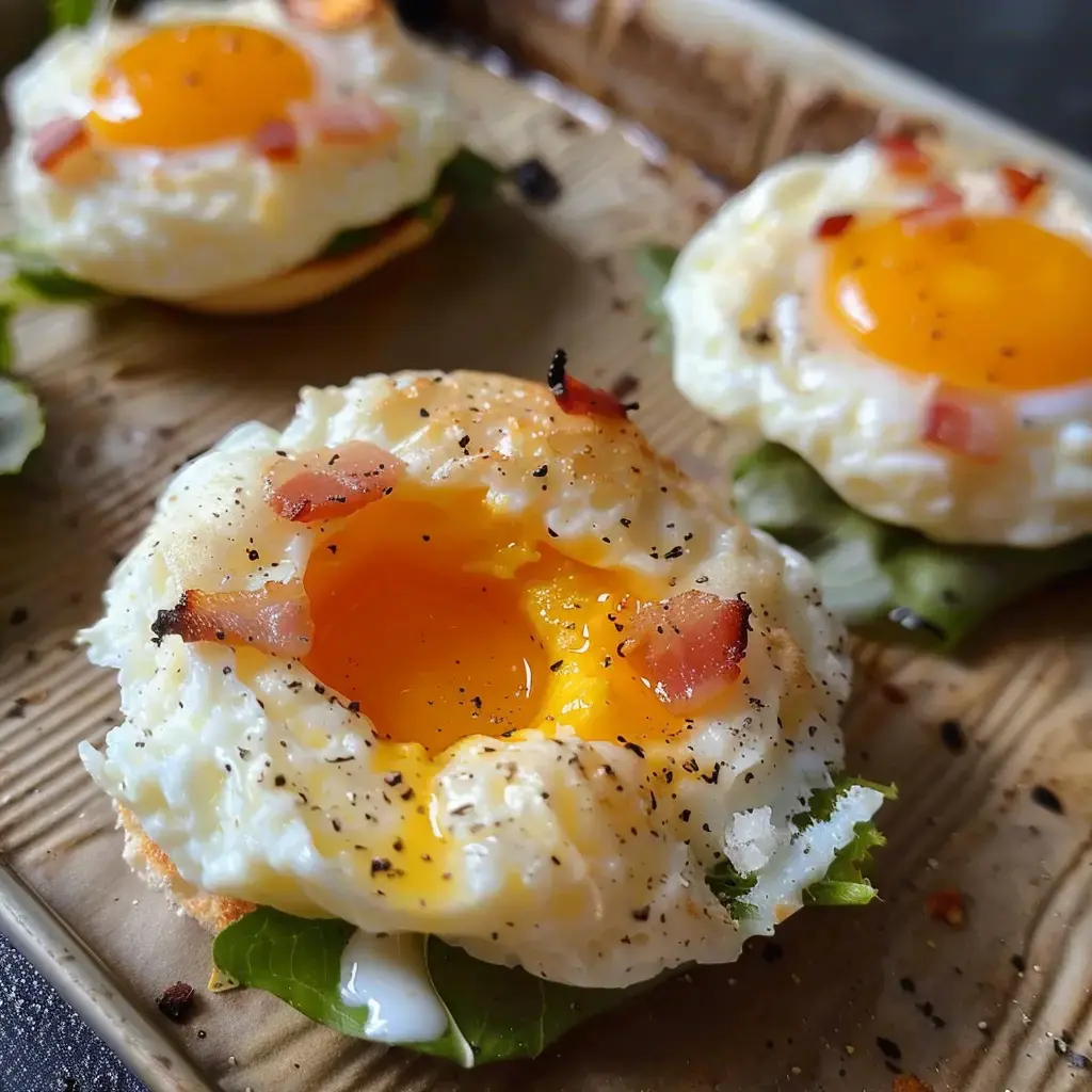 Œufs nuages dorés garnis de lardons fumés et poivre, dressés sur mesclun frais