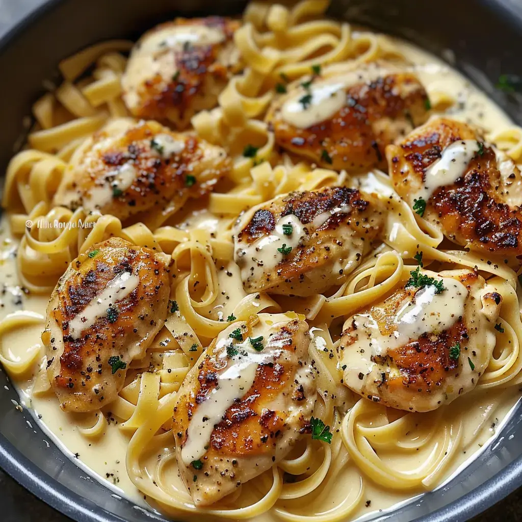 Des pâtes crémeuses garnies de morceaux de poulet dorés et saupoudrées de persil frais.