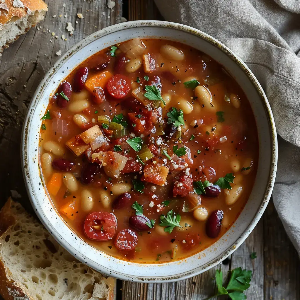 Un bol rustique de soupe aux haricots rouges garnie de persil frais, avec des morceaux de légumes et lardons, servi avec une tranche de pain de campagne