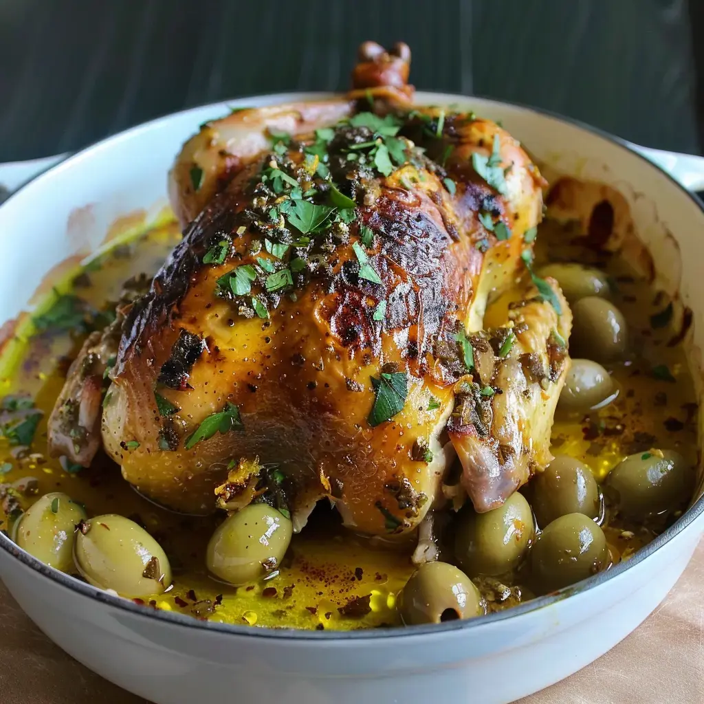 Un poulet rôti bien doré, parsemé de coriandre, servi avec des olives vertes dans un jus à l'huile d'olive.