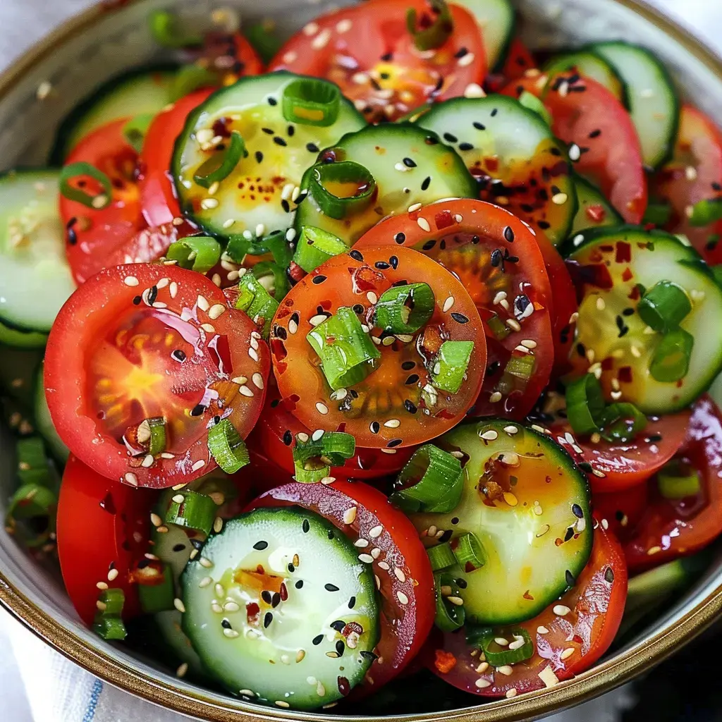 Une salade colorée composée de rondelles de tomates et de concombres, garnie d'oignons verts et de graines de sésame.