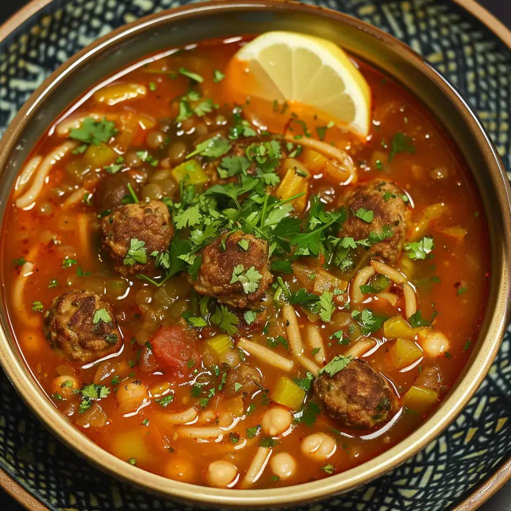 Une soupe traditionnelle garnie de boulettes de viande, légumes et herbes fraîches, servie avec du citron