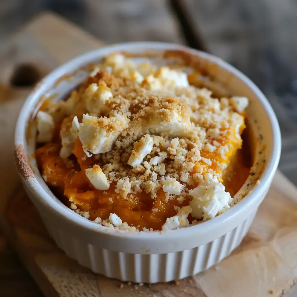 Un crumble de potiron au fromage de chèvre servi dans un ramequin blanc, parsemé de miettes dorées croustillantes
