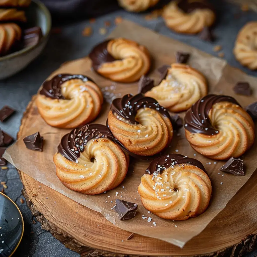 Des sablés en forme de spirale avec un nappage de chocolat et une touche de sel, présentés sur papier dans un plat en bois.