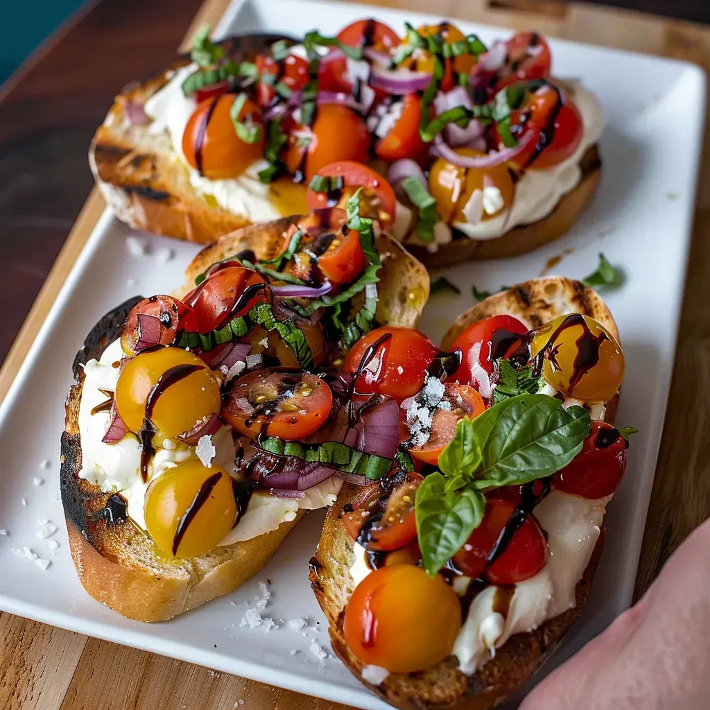 Des tartines garnies de tomates multicolores, d'oignons rouges, de basilic et de balsamique sur un lit de pain grillé.