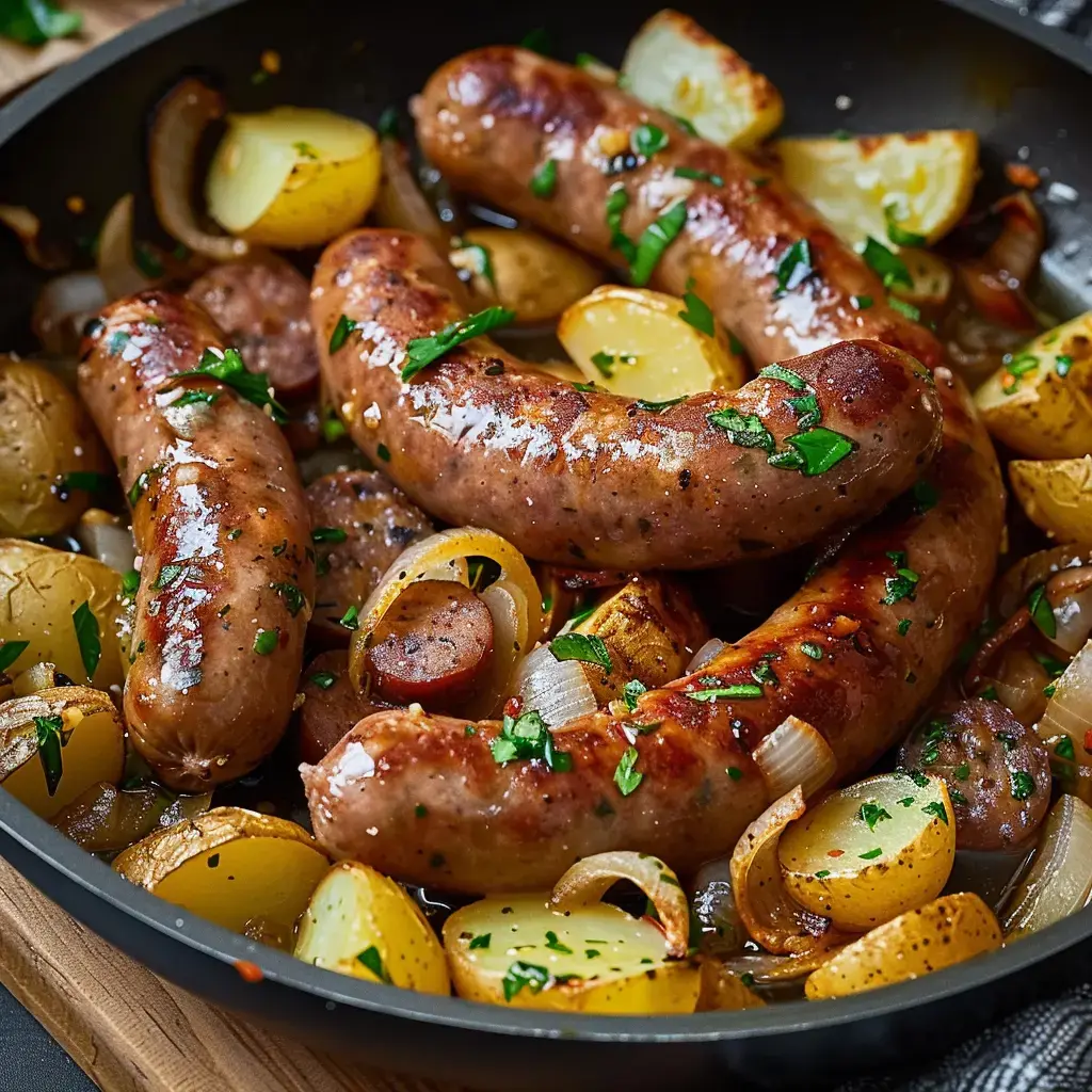 Une poêle remplie de saucisses bien dorées, pommes de terre rissolées et oignons caramélisés, avec un peu de persil frais par-dessus.