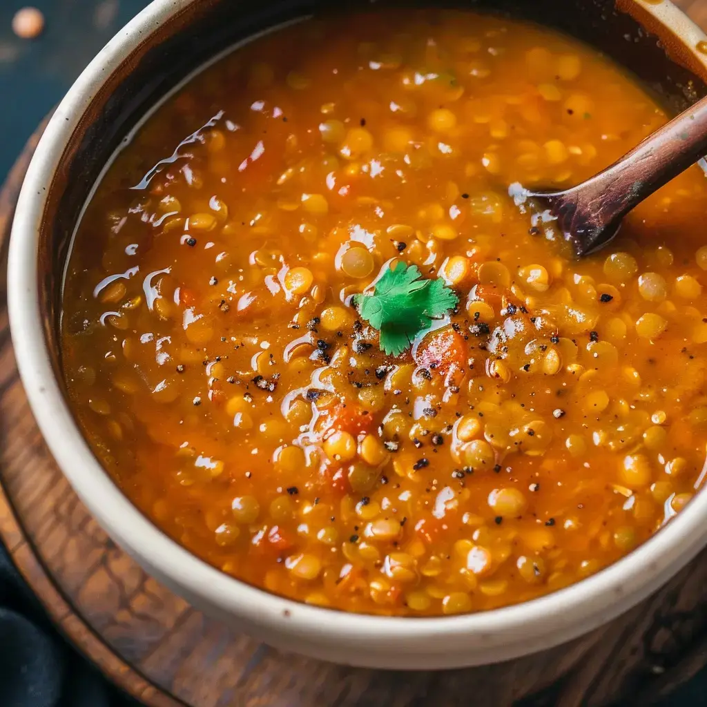Soupe de lentilles fumante garnie de coriandre fraîche dans un bol traditionnel