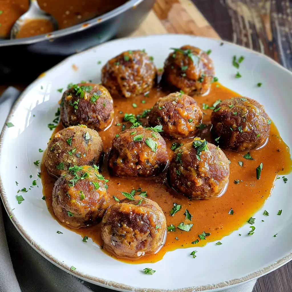 Des boulettes végétales nappées de sauce, parsemées de persil, servies dans une assiette blanche.