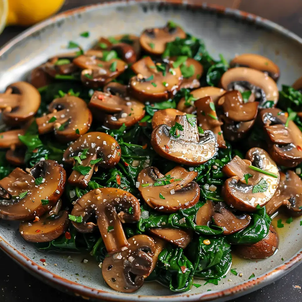 Un plat de champignons poêlés servis sur des épinards frais, décoré de persil et une pincée de sel.